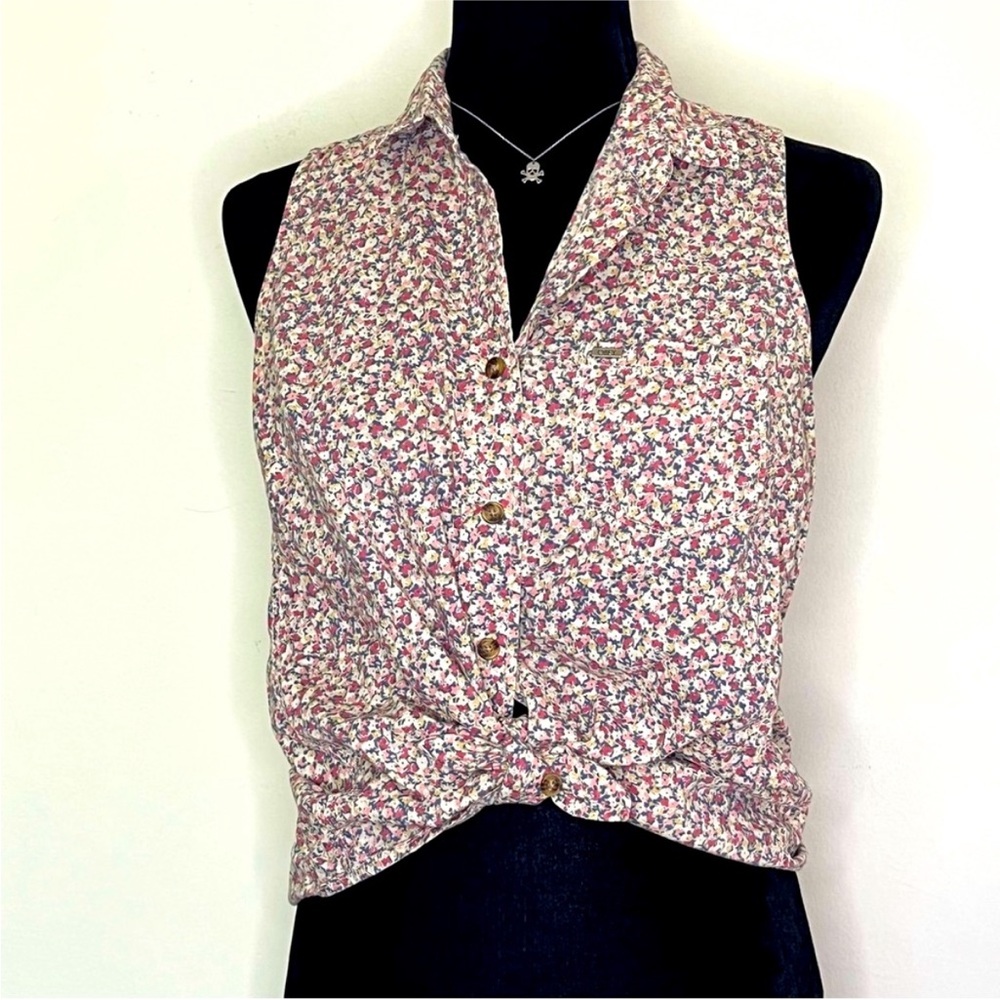 Obey Floral Sleeveless Button Front Shirt Pink Ditsy Print Small